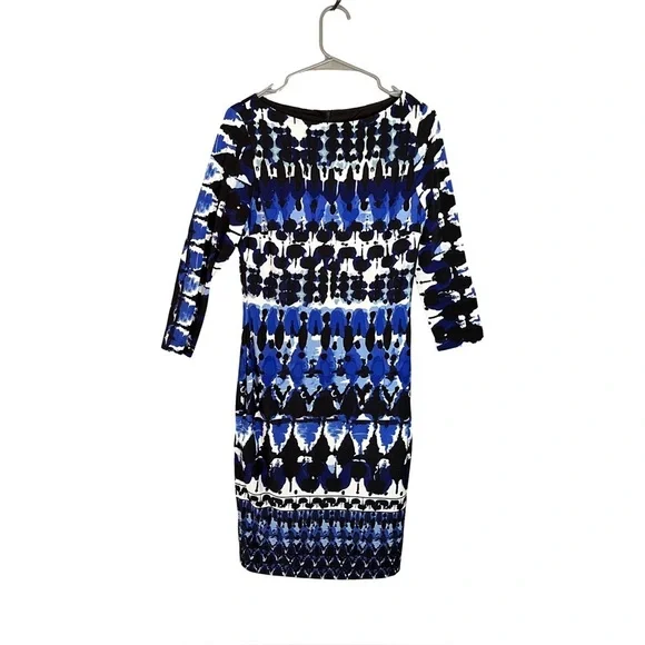 Joseph Ribkoff Abstract Print Stretch Knit Blue Black White Sheath Dress 8 - Picture 2 of 13